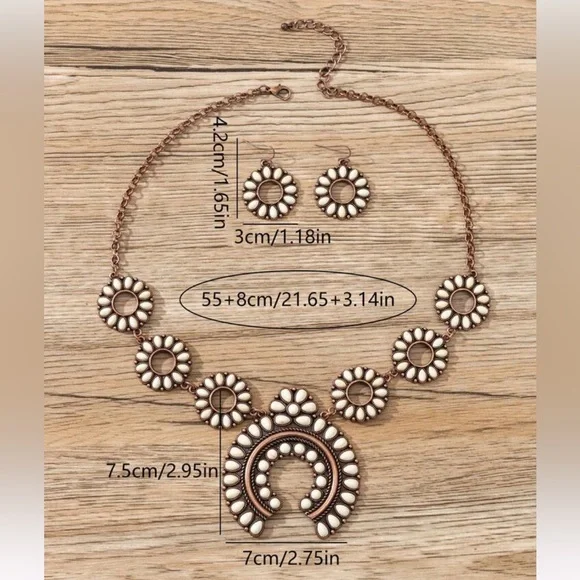 New Southwestern Squash Blossom Naja Faux White Turquoise Howlite Necklace Set - Picture 5 of 5